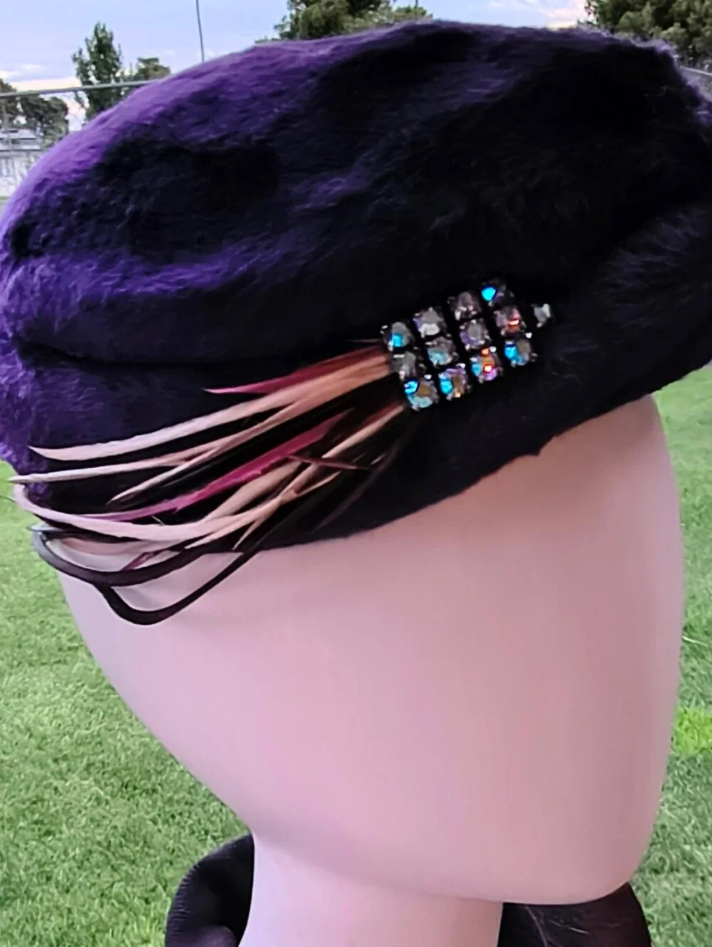Purple Plush Hat Feathers and Jewels By Clare, Duchess Made In Italy